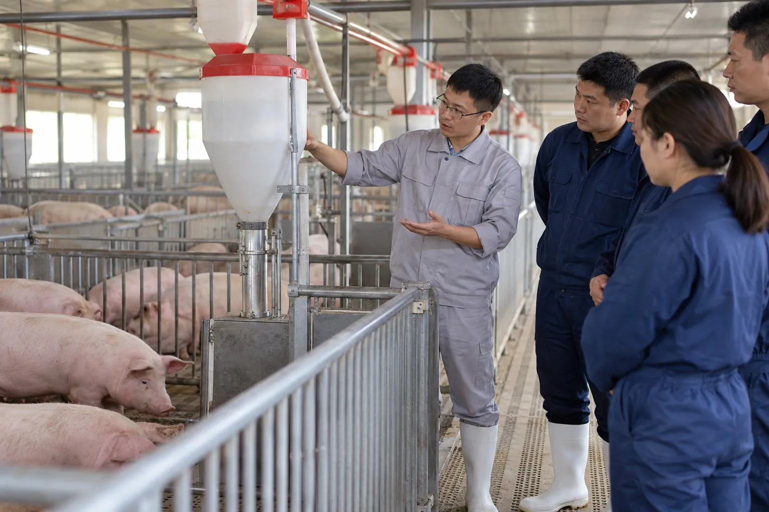 A technician training farm staff beside a feeding line in a pig house