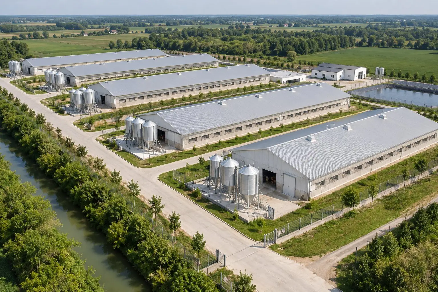 Aerial view of a modern pig farm with several houses and feed silos